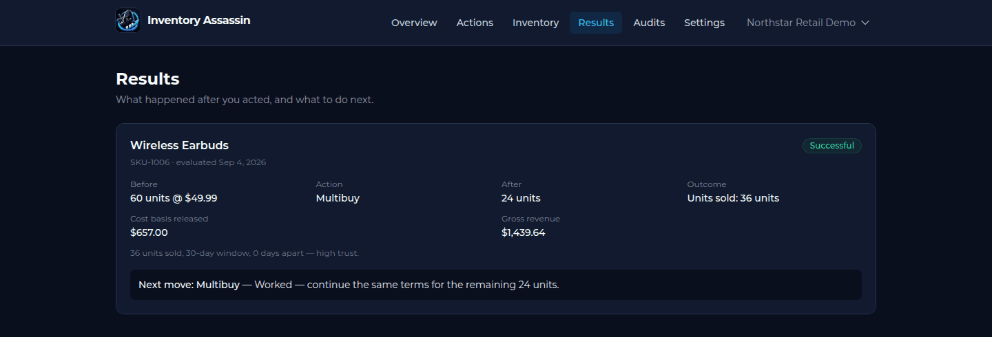 Inventory Assassin Results page showing a before/after outcome classified as Successful, with units reduced and estimated cost basis released